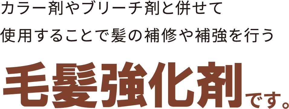 カラー剤やブリーチ剤と併せて使用することで髪の補強を行う毛髪強化剤です。